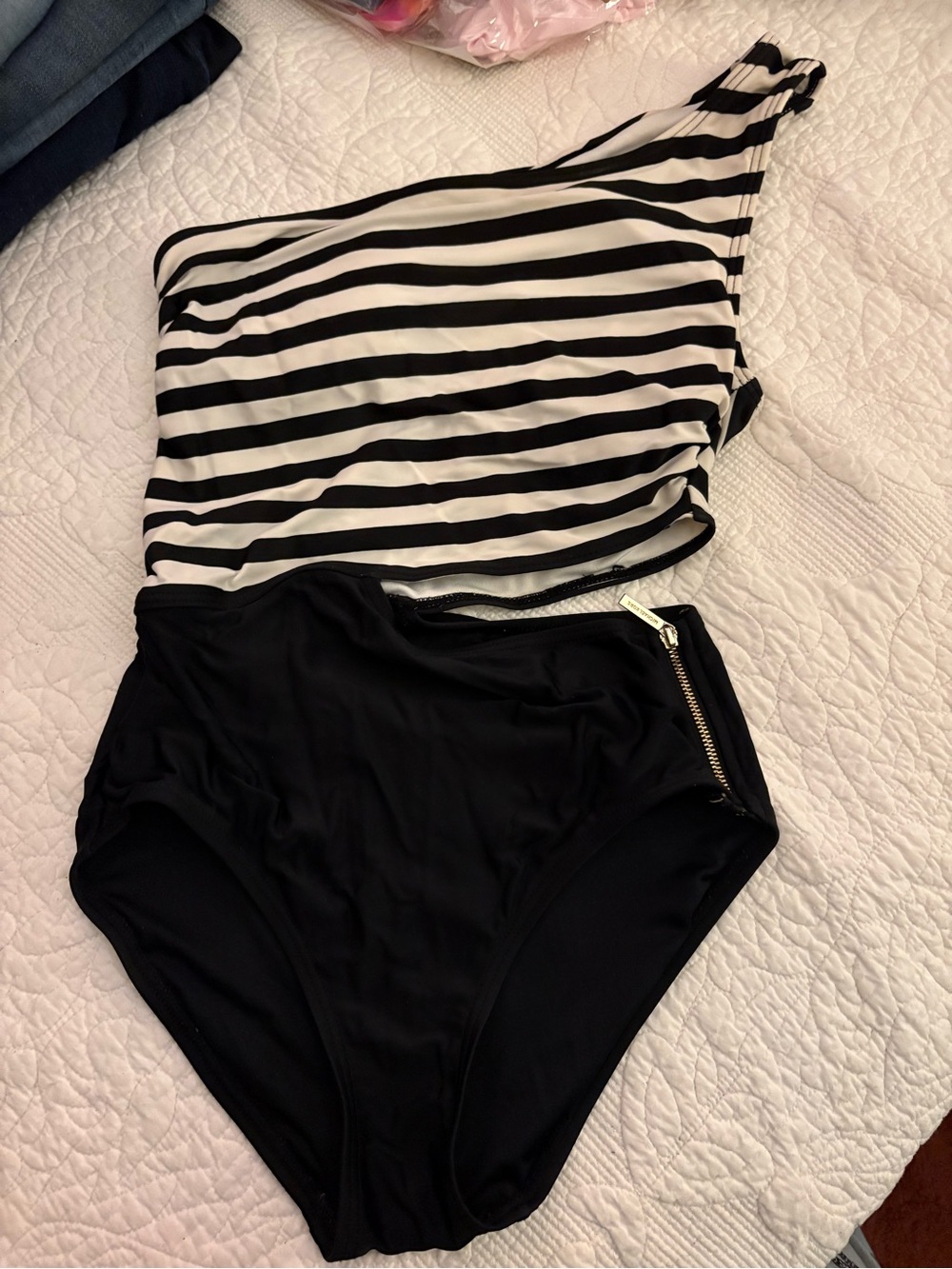 Michael Kors Black and White One-Shoulder Striped One-Piece Swimsuit